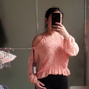 Pastel Coral Cold Shoulder Embroidery long sleeve